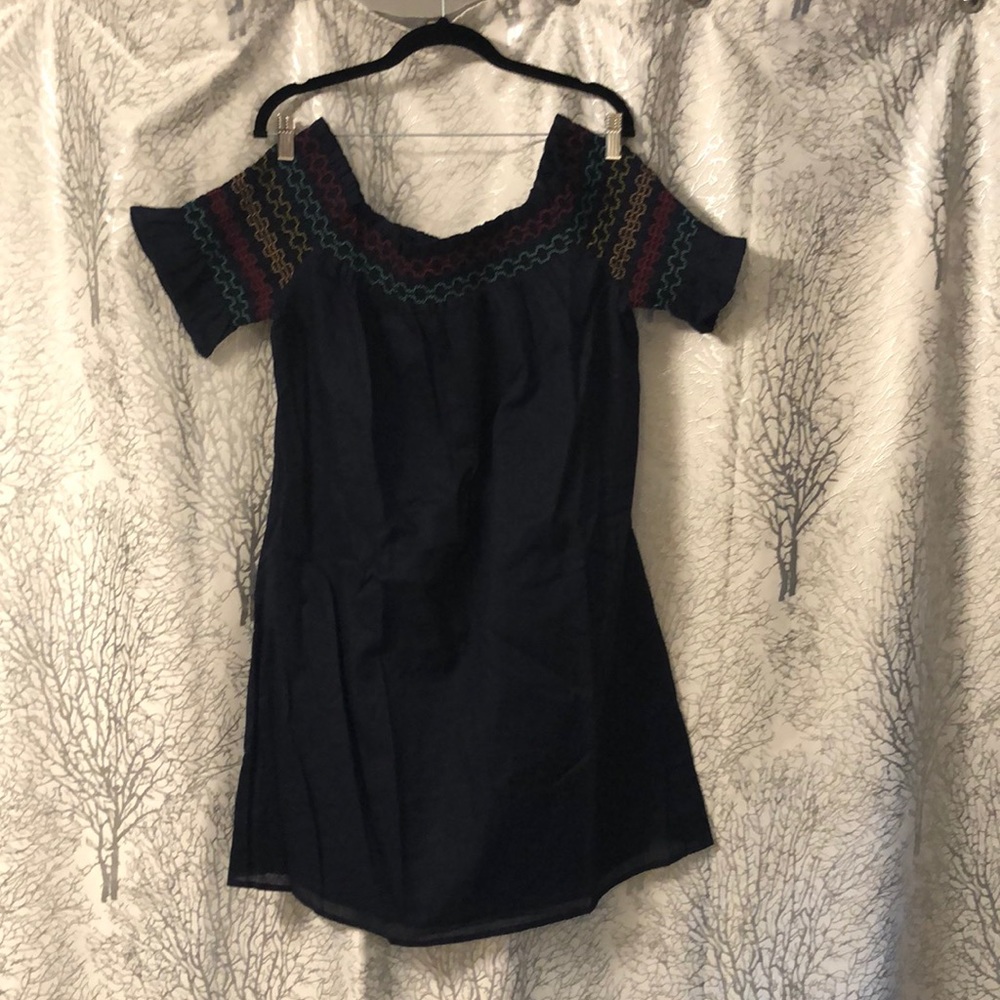 Trina Turk Navy Off-Shoulder Mini Dress with Multicolor Embroidered Yoke